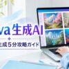 Canva生成AIの使い方ガイドを表すデスクと画像生成画面