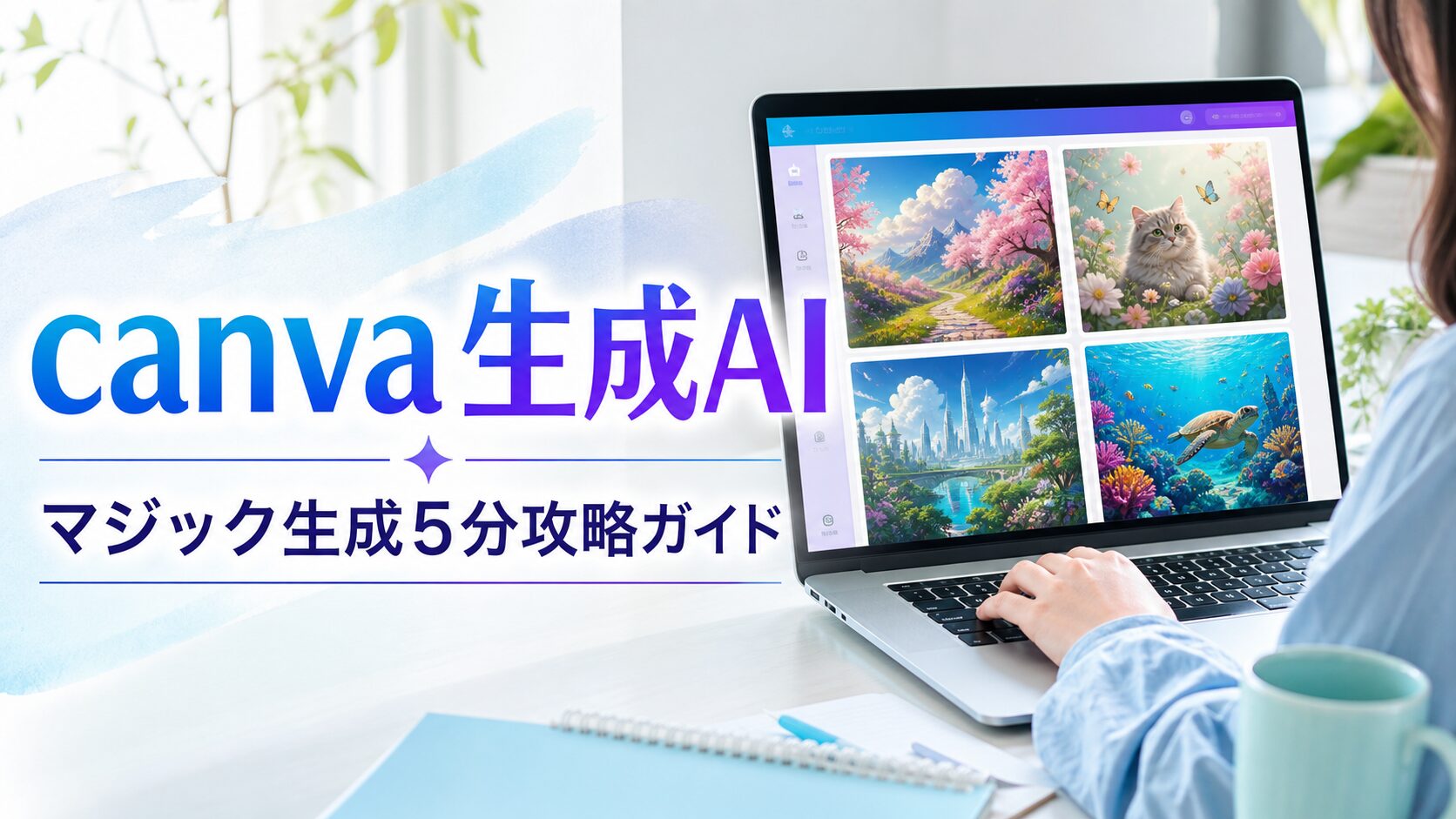 Canva生成AIの使い方ガイドを表すデスクと画像生成画面
