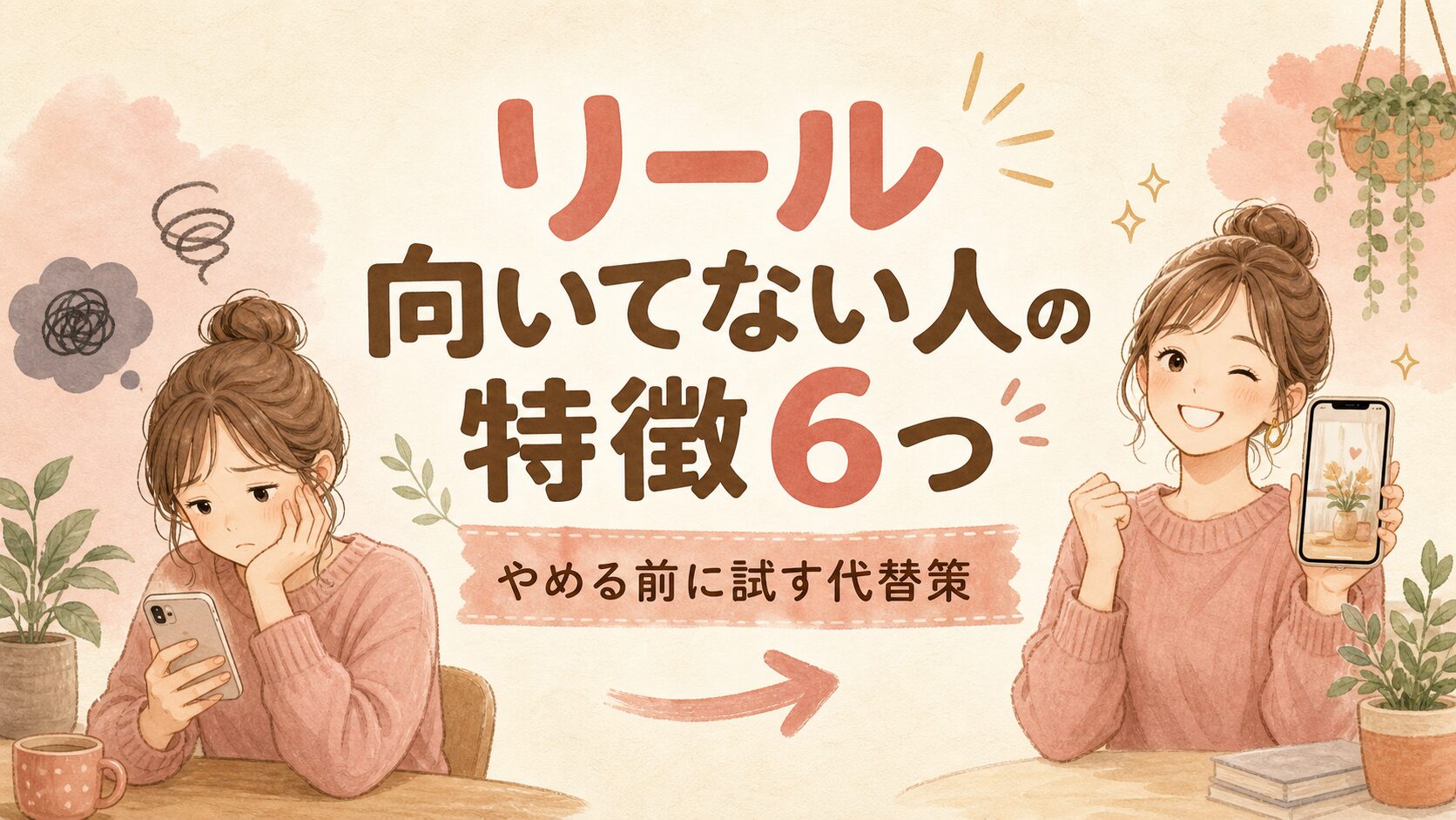 リールに向いていないと感じる人が前向きにスマホを構えるイラスト