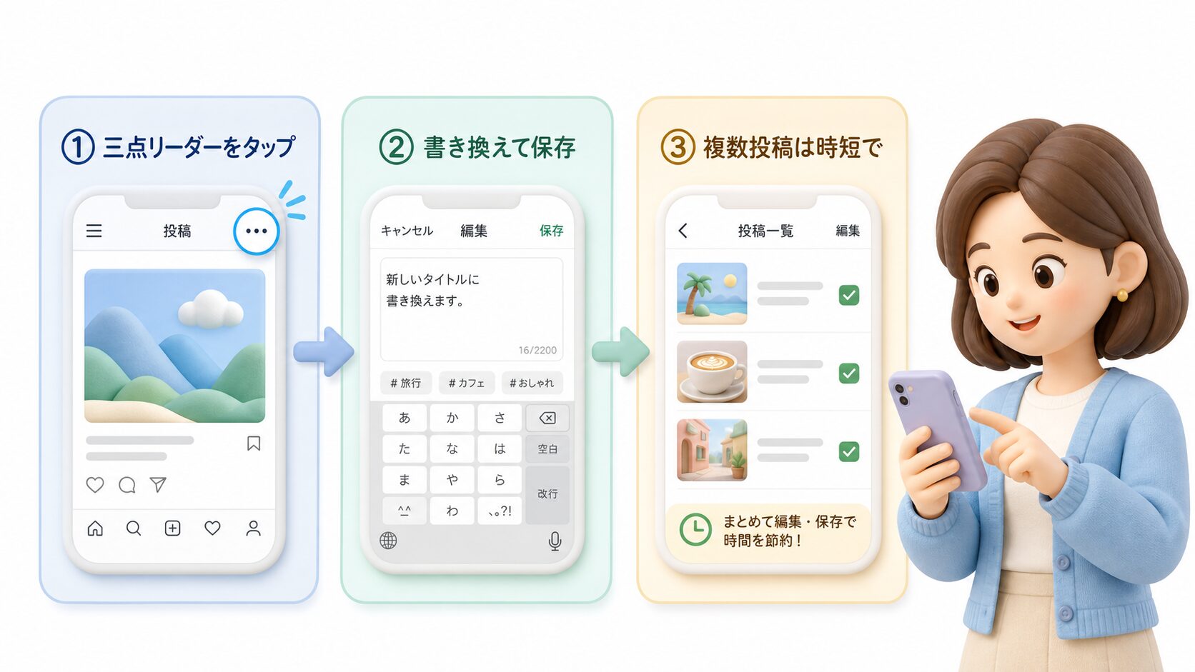 投稿済みキャプションを編集する3ステップの操作手順