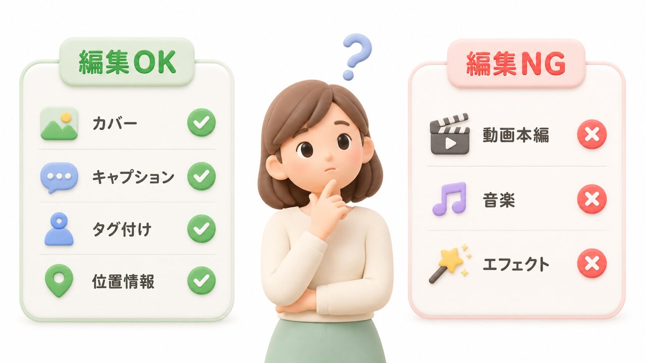 リール投稿後に編集できる項目とできない項目